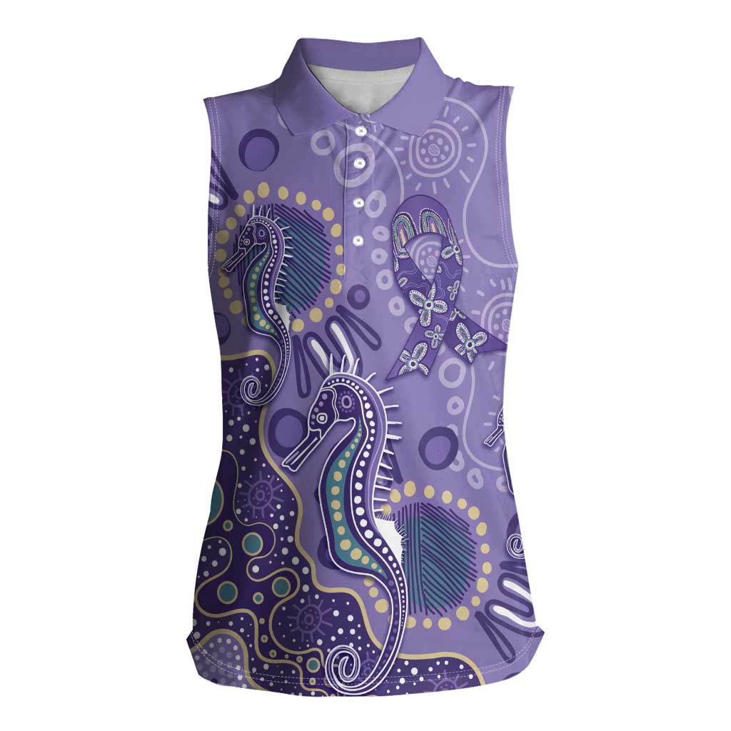 Australia Epilepsy Awareness Women Sleeveless Polo Shirt Aboriginal Purple Ribbon with Seahorse - Aussie Hoodie