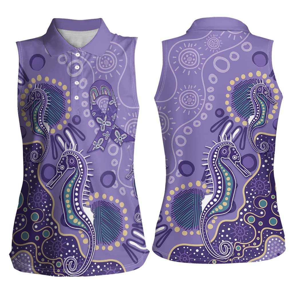 Australia Epilepsy Awareness Women Sleeveless Polo Shirt Aboriginal Purple Ribbon with Seahorse - Aussie Hoodie