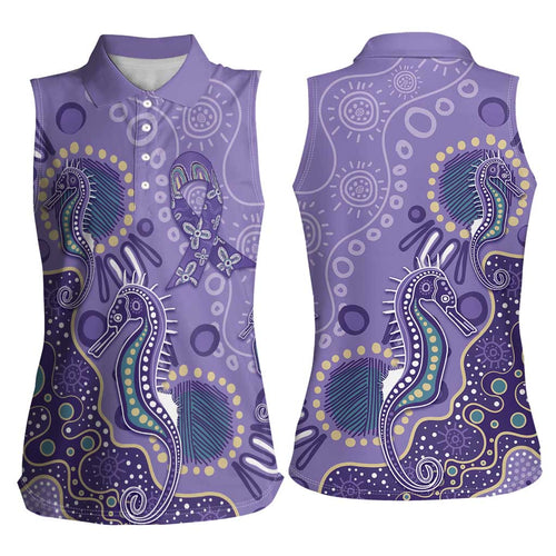 Australia Epilepsy Awareness Women Sleeveless Polo Shirt Aboriginal Purple Ribbon with Seahorse - Aussie Hoodie