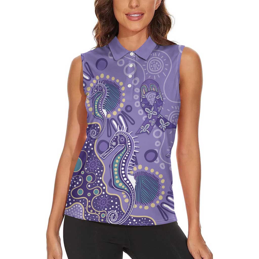 Australia Epilepsy Awareness Women Sleeveless Polo Shirt Aboriginal Purple Ribbon with Seahorse - Aussie Hoodie