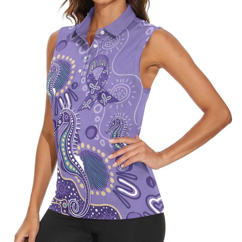 Australia Epilepsy Awareness Women Sleeveless Polo Shirt Aboriginal Purple Ribbon with Seahorse - Aussie Hoodie