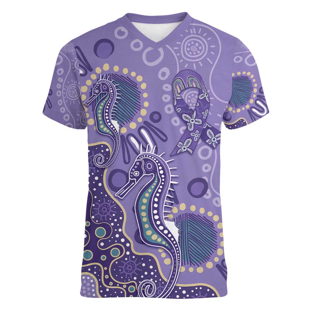 Australia Epilepsy Awareness Women V-Neck T-Shirt Aboriginal Purple Ribbon with Seahorse - Aussie Hoodie