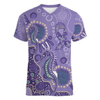 Australia Epilepsy Awareness Women V-Neck T-Shirt Aboriginal Purple Ribbon with Seahorse - Aussie Hoodie