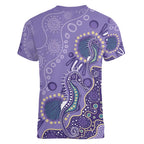 Australia Epilepsy Awareness Women V-Neck T-Shirt Aboriginal Purple Ribbon with Seahorse - Aussie Hoodie