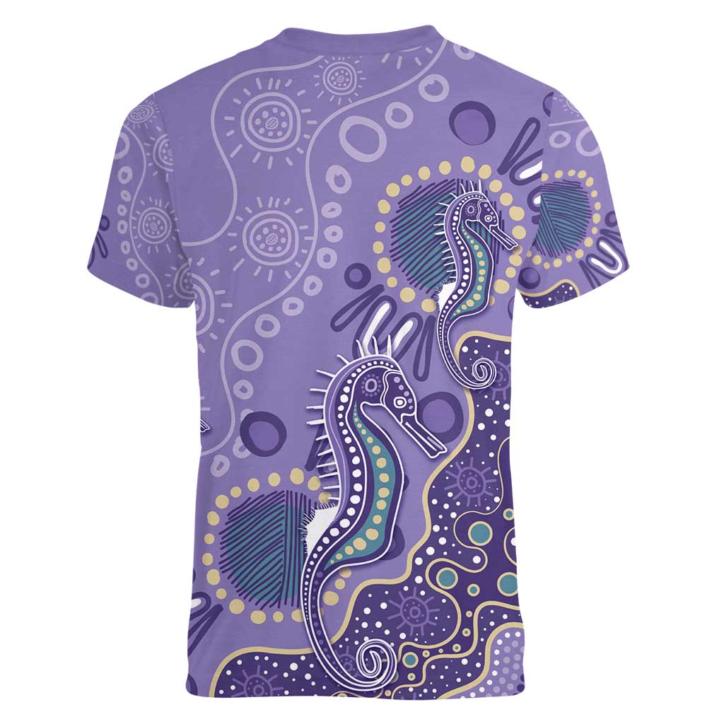 Australia Epilepsy Awareness Women V-Neck T-Shirt Aboriginal Purple Ribbon with Seahorse - Aussie Hoodie