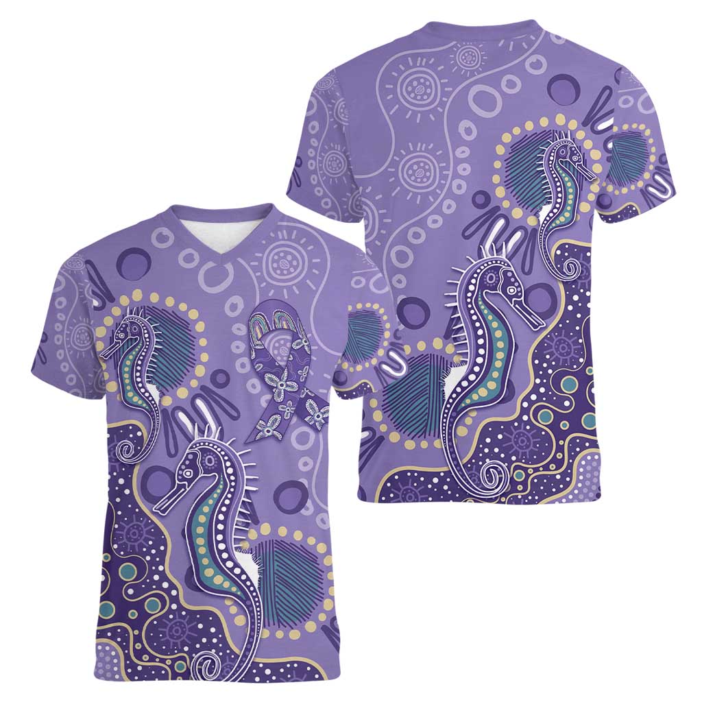 Australia Epilepsy Awareness Women V-Neck T-Shirt Aboriginal Purple Ribbon with Seahorse - Aussie Hoodie
