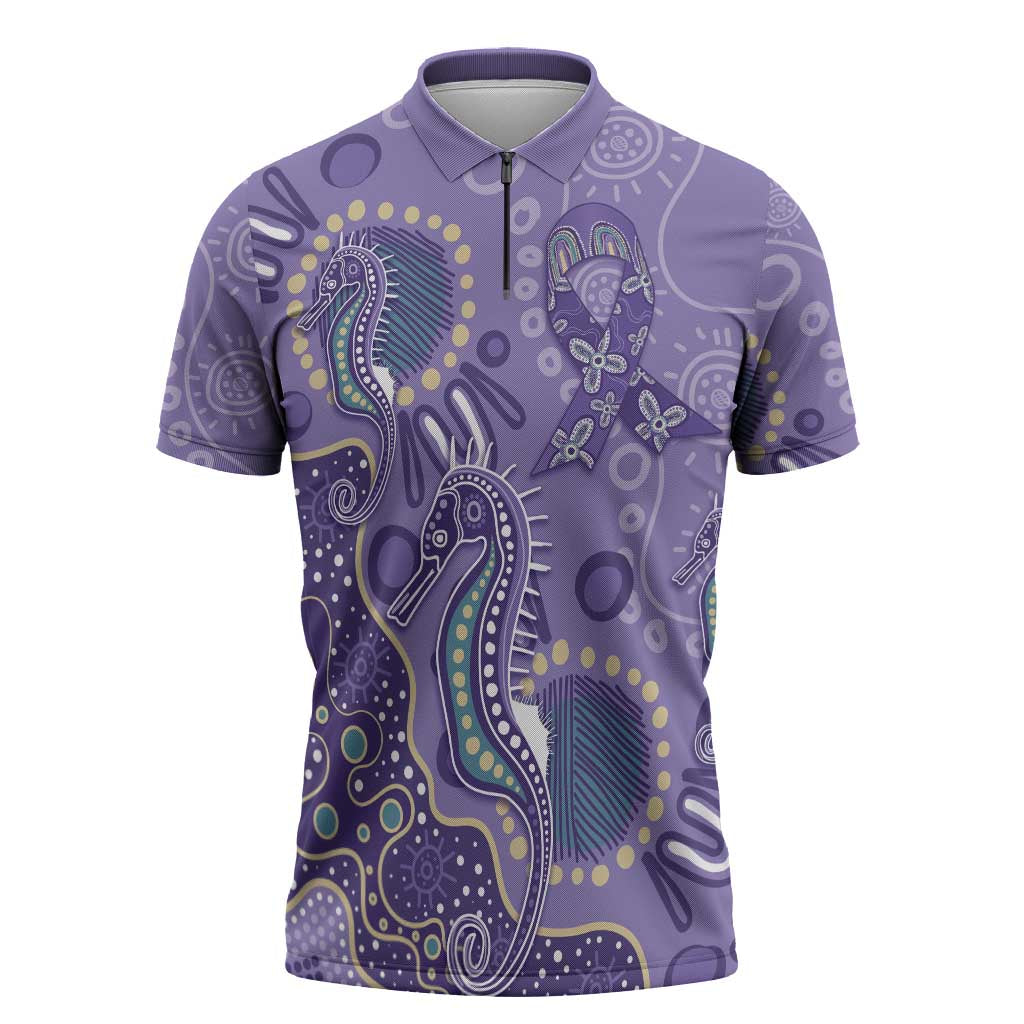 Australia Epilepsy Awareness Zipper Polo Shirt Aboriginal Purple Ribbon with Seahorse - Aussie Hoodie