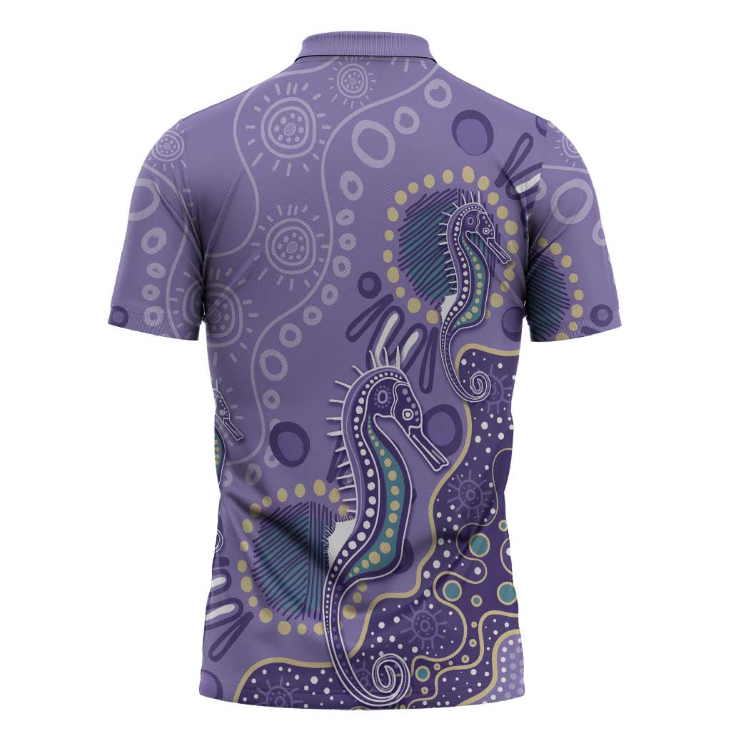 Australia Epilepsy Awareness Zipper Polo Shirt Aboriginal Purple Ribbon with Seahorse - Aussie Hoodie