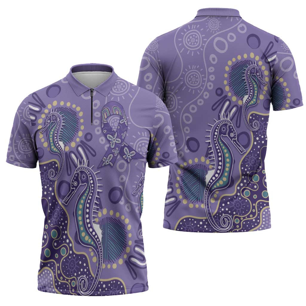 Australia Epilepsy Awareness Zipper Polo Shirt Aboriginal Purple Ribbon with Seahorse - Aussie Hoodie