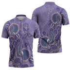 Australia Epilepsy Awareness Zipper Polo Shirt Aboriginal Purple Ribbon with Seahorse - Aussie Hoodie