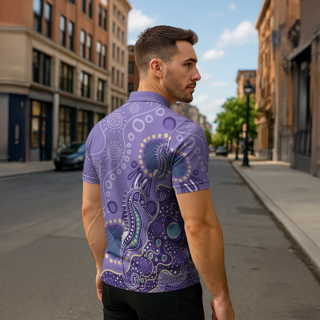 Australia Epilepsy Awareness Zipper Polo Shirt Aboriginal Purple Ribbon with Seahorse - Aussie Hoodie