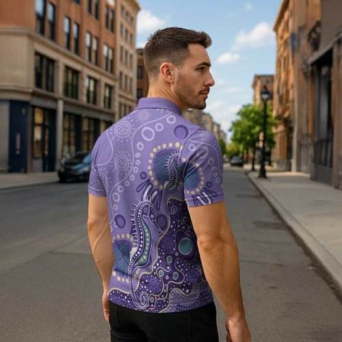 Australia Epilepsy Awareness Zipper Polo Shirt Aboriginal Purple Ribbon with Seahorse - Aussie Hoodie