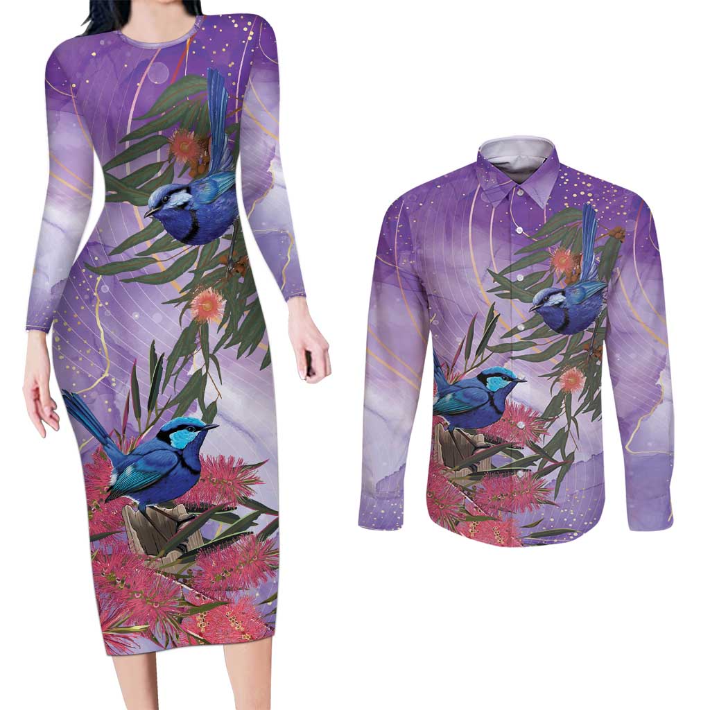 Australia Splendid Fairy Wren on Eucalyptus Couples Matching Long Sleeve Bodycon Dress and Long Sleeve Button Shirt Epilepsy Awareness - Aussie Hoodie