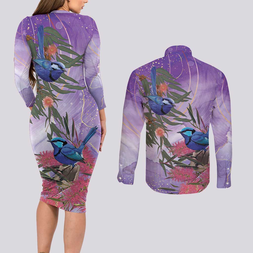 Australia Splendid Fairy Wren on Eucalyptus Couples Matching Long Sleeve Bodycon Dress and Long Sleeve Button Shirt Epilepsy Awareness - Aussie Hoodie