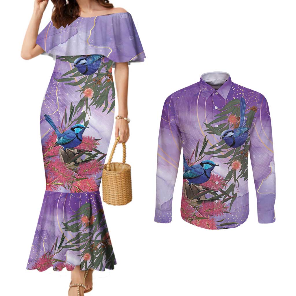 Australia Splendid Fairy Wren on Eucalyptus Couples Matching Mermaid Dress and Long Sleeve Button Shirt Epilepsy Awareness - Aussie Hoodie