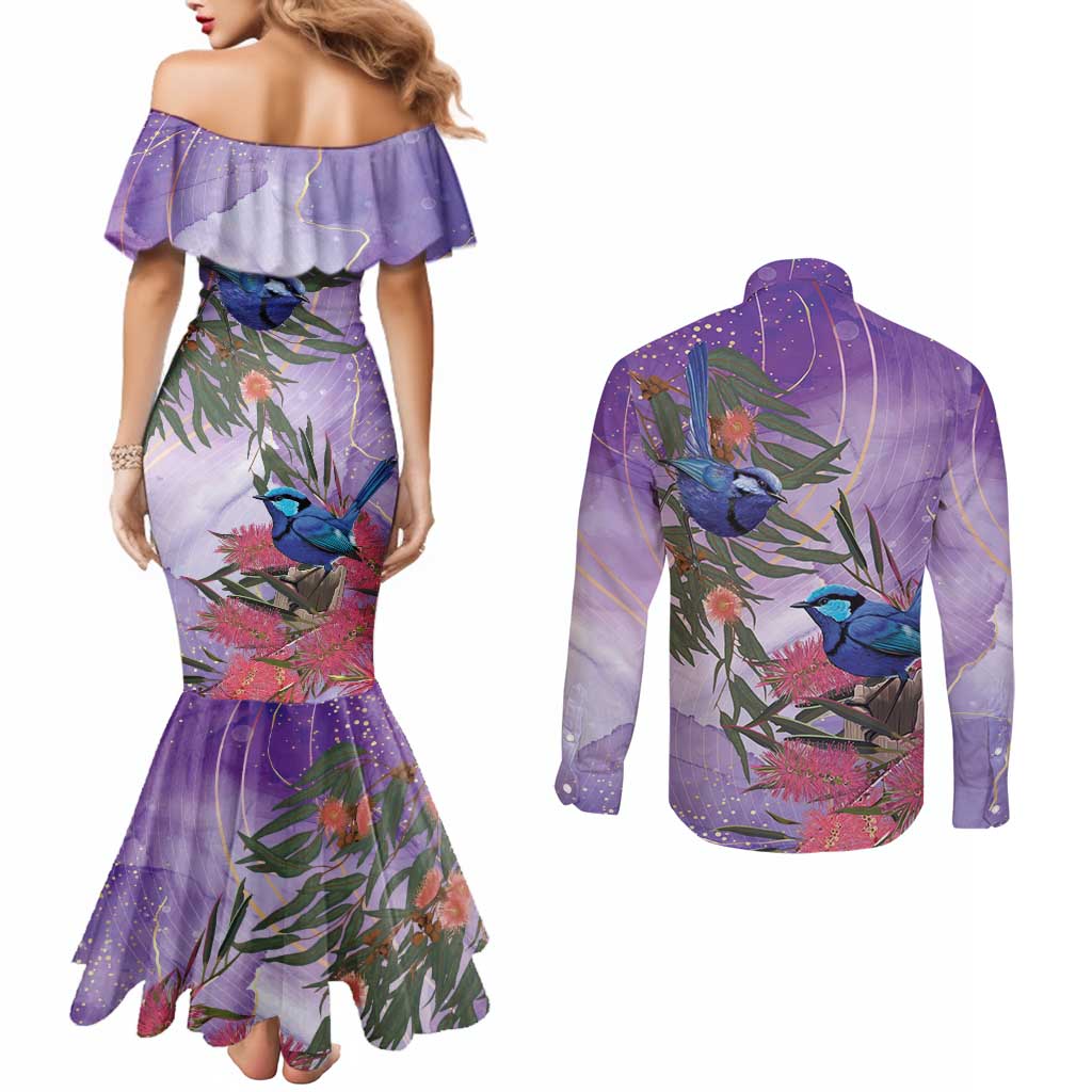 Australia Splendid Fairy Wren on Eucalyptus Couples Matching Mermaid Dress and Long Sleeve Button Shirt Epilepsy Awareness - Aussie Hoodie