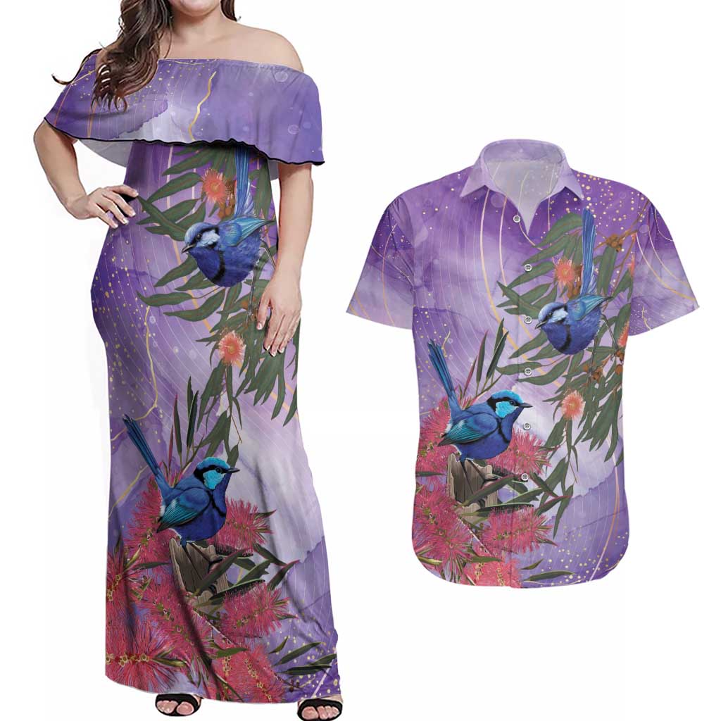 Australia Splendid Fairy Wren on Eucalyptus Couples Matching Off Shoulder Maxi Dress and Hawaiian Shirt Epilepsy Awareness - Aussie Hoodie