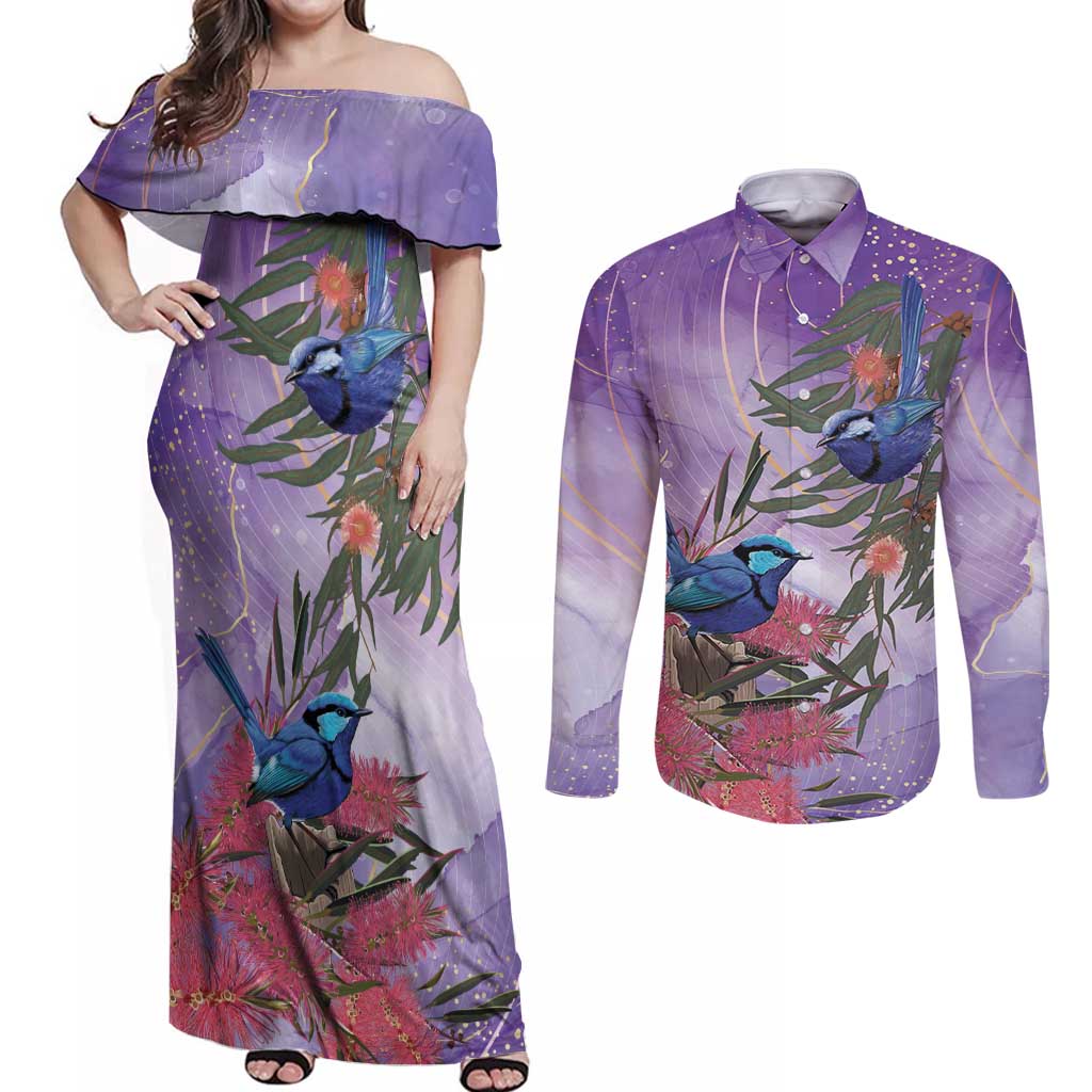 Australia Splendid Fairy Wren on Eucalyptus Couples Matching Off Shoulder Maxi Dress and Long Sleeve Button Shirt Epilepsy Awareness - Aussie Hoodie