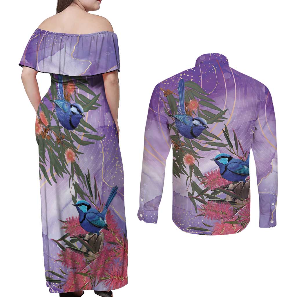 Australia Splendid Fairy Wren on Eucalyptus Couples Matching Off Shoulder Maxi Dress and Long Sleeve Button Shirt Epilepsy Awareness - Aussie Hoodie