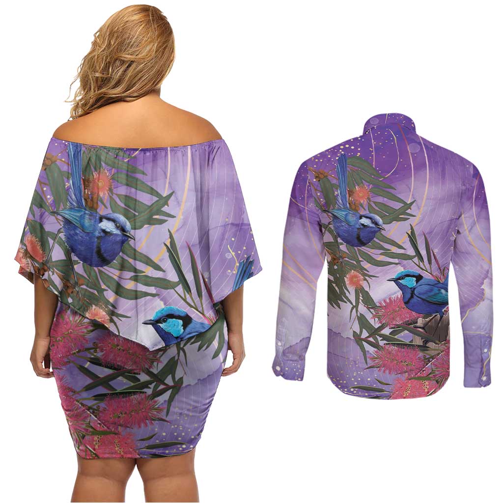 Australia Splendid Fairy Wren on Eucalyptus Couples Matching Off Shoulder Short Dress and Long Sleeve Button Shirt Epilepsy Awareness - Aussie Hoodie