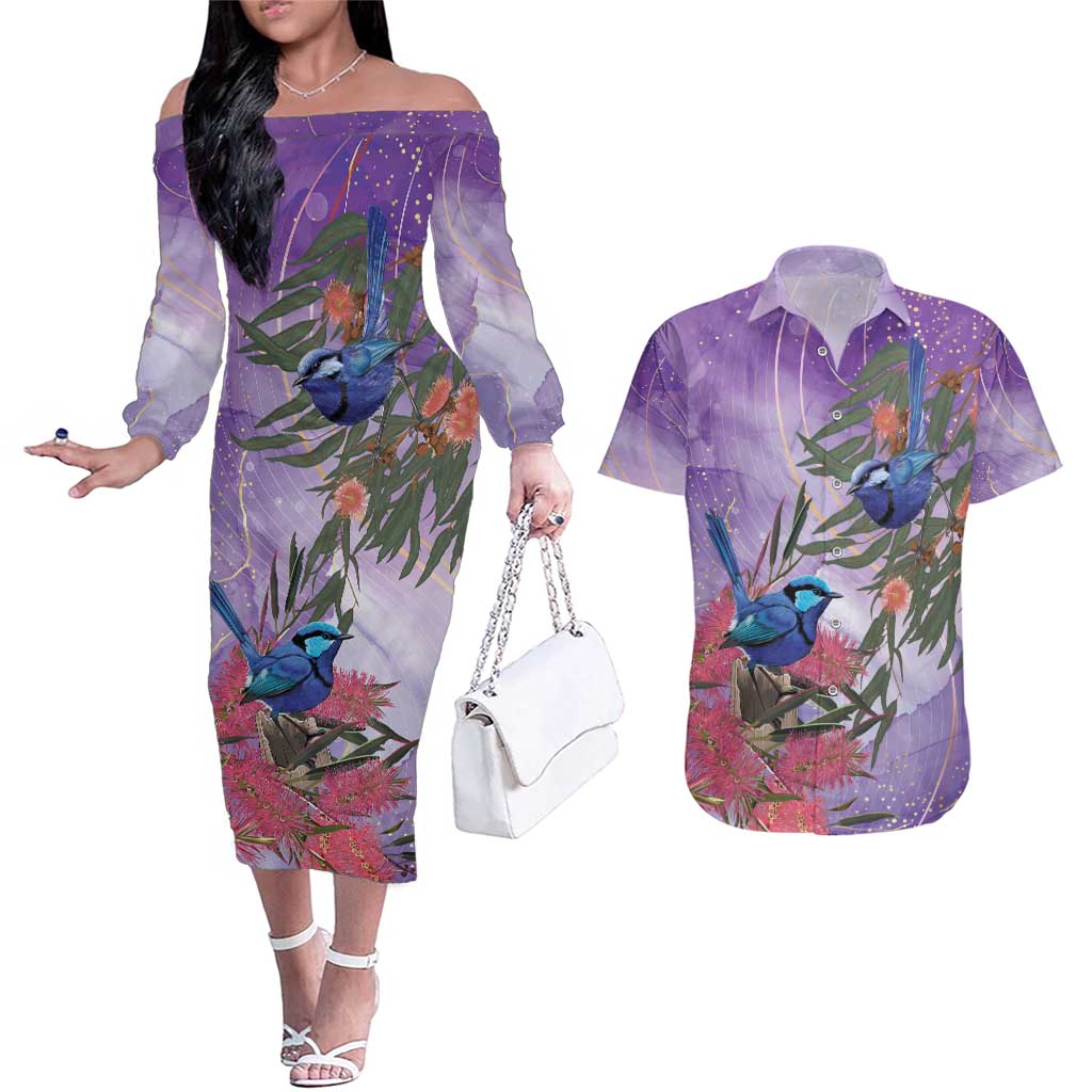 Australia Splendid Fairy Wren on Eucalyptus Couples Matching Off The Shoulder Long Sleeve Dress and Hawaiian Shirt Epilepsy Awareness - Aussie Hoodie