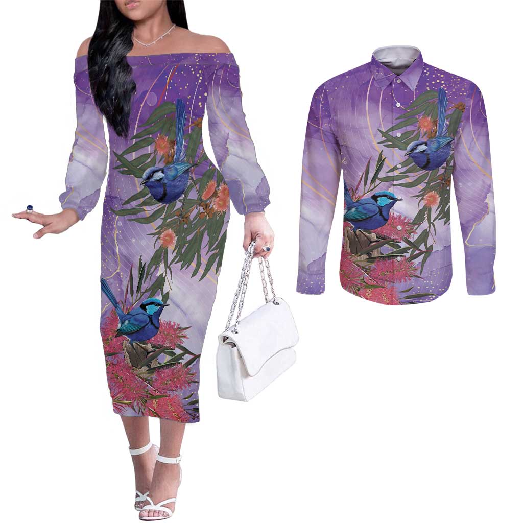Australia Splendid Fairy Wren on Eucalyptus Couples Matching Off The Shoulder Long Sleeve Dress and Long Sleeve Button Shirt Epilepsy Awareness - Aussie Hoodie