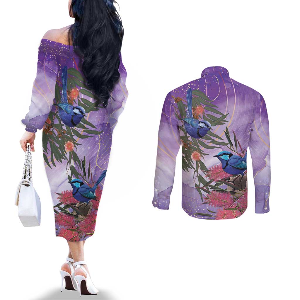 Australia Splendid Fairy Wren on Eucalyptus Couples Matching Off The Shoulder Long Sleeve Dress and Long Sleeve Button Shirt Epilepsy Awareness - Aussie Hoodie