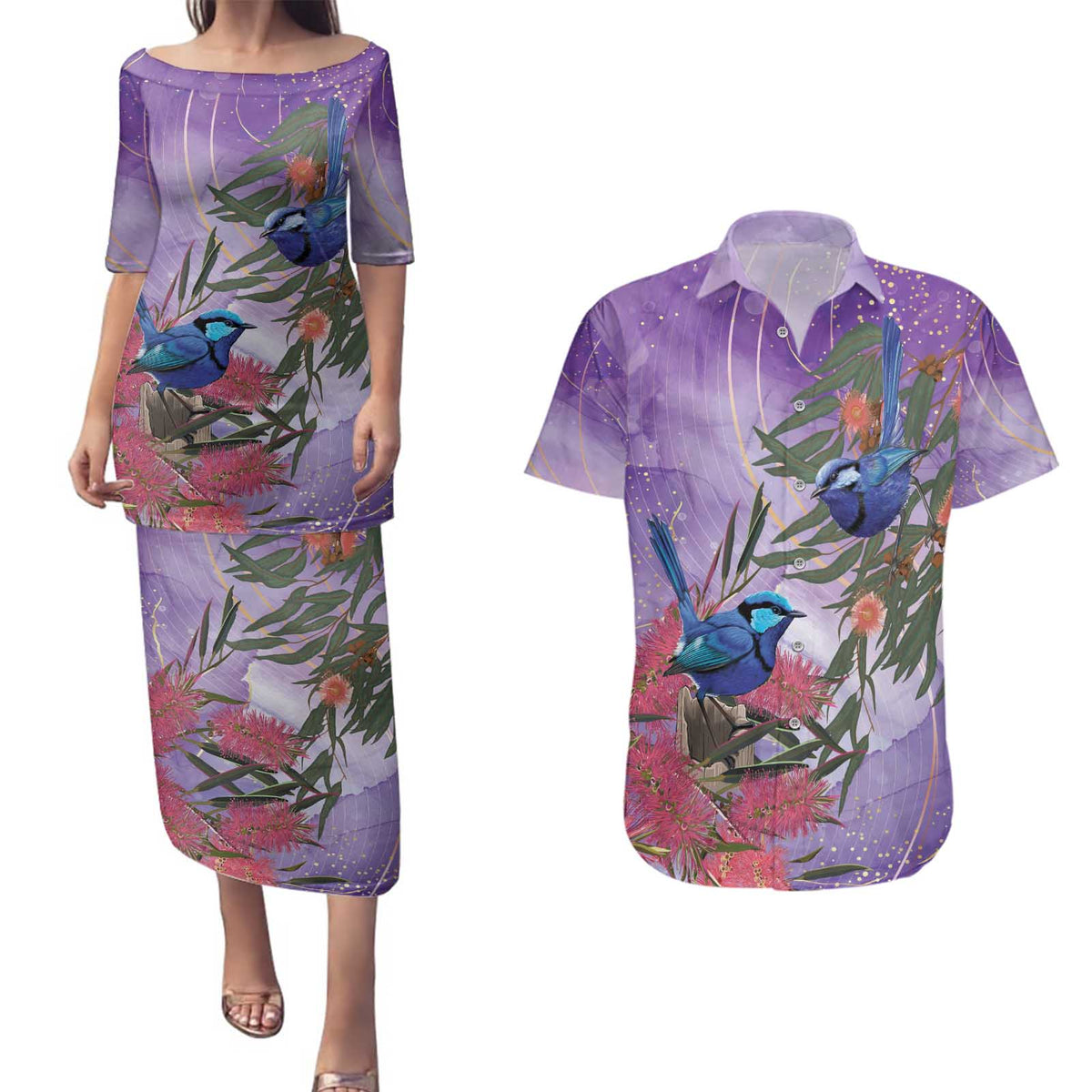Australia Splendid Fairy Wren on Eucalyptus Couples Matching Puletasi and Hawaiian Shirt Epilepsy Awareness - Aussie Hoodie