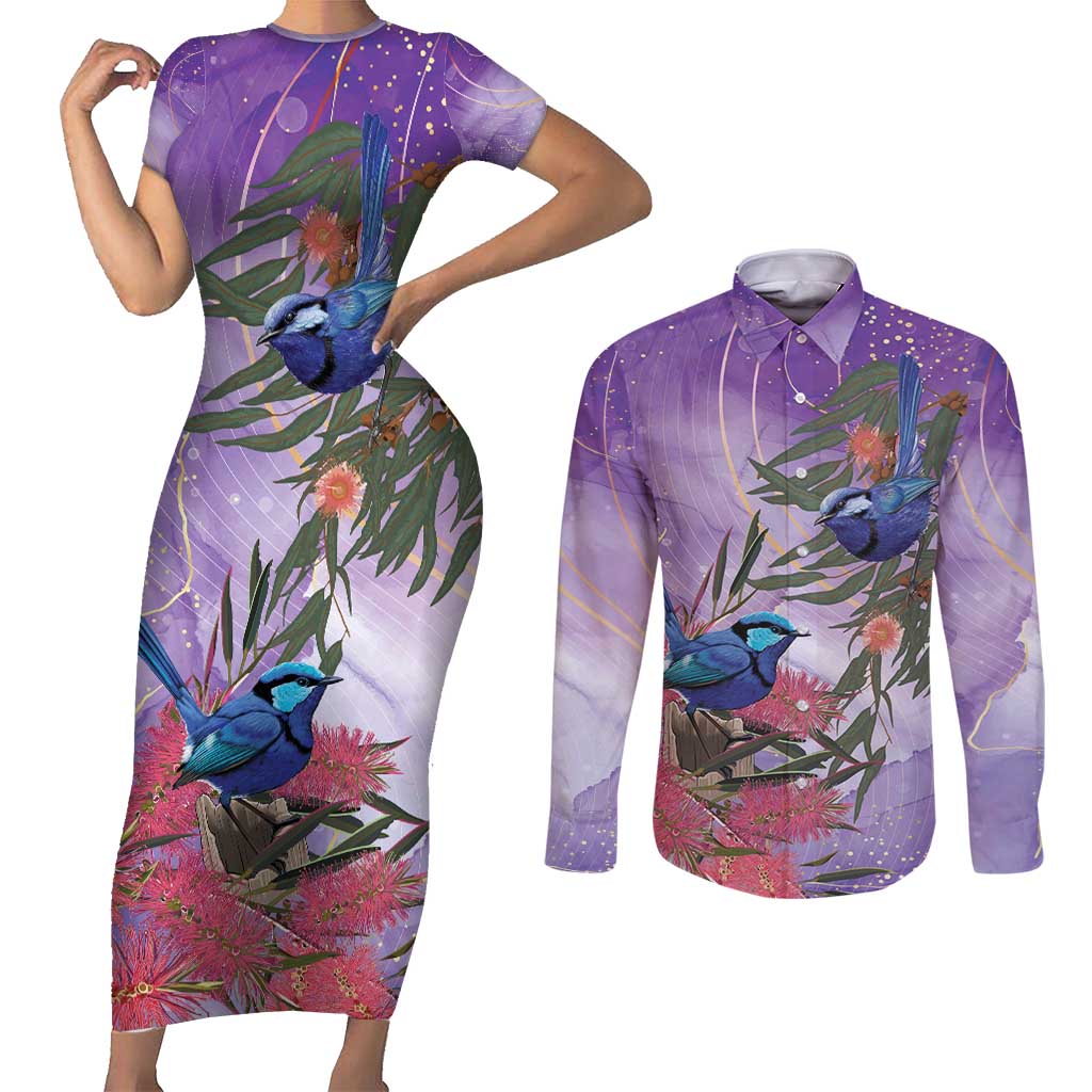 Australia Splendid Fairy Wren on Eucalyptus Couples Matching Short Sleeve Bodycon Dress and Long Sleeve Button Shirt Epilepsy Awareness - Aussie Hoodie
