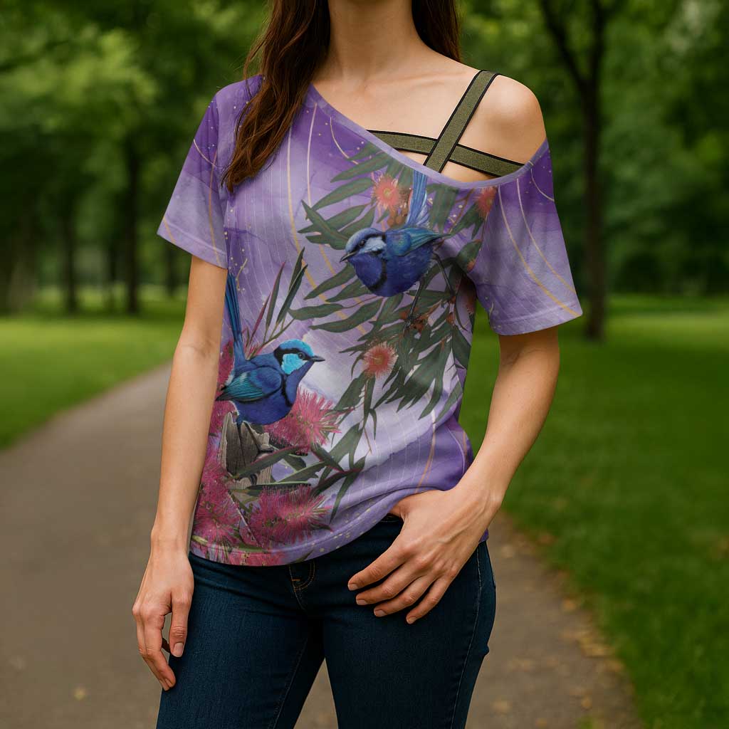 Australia Splendid Fairy Wren on Eucalyptus Cross Shoulder Shirt Epilepsy Awareness - Aussie Hoodie