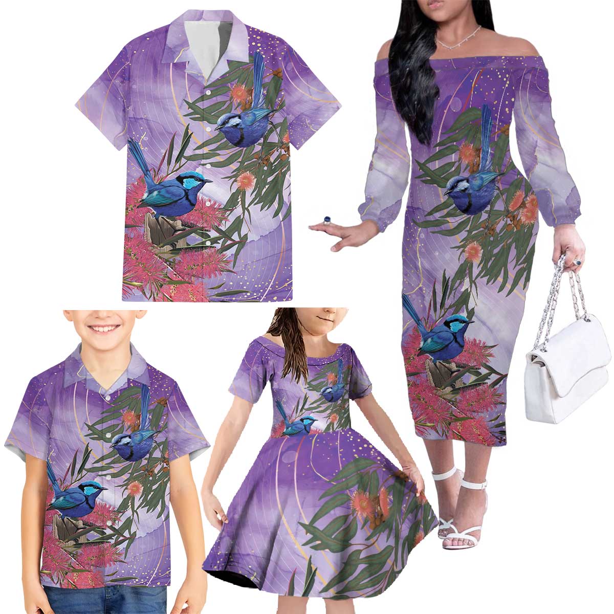 Australia Splendid Fairy Wren on Eucalyptus Family Matching Off The Shoulder Long Sleeve Dress and Hawaiian Shirt Epilepsy Awareness - Aussie Hoodie