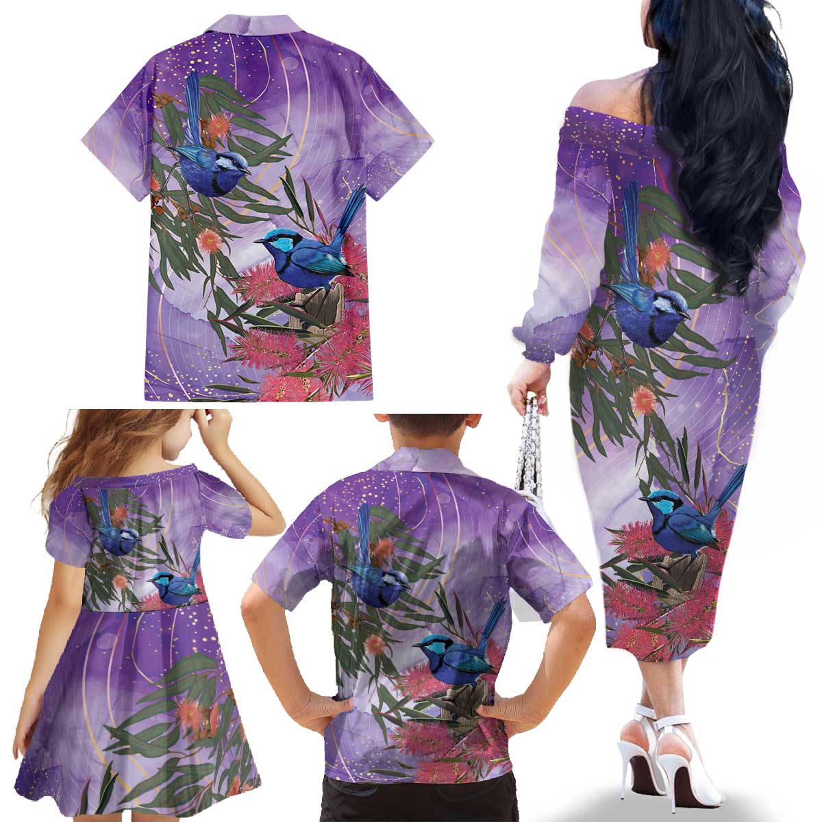 Australia Splendid Fairy Wren on Eucalyptus Family Matching Off The Shoulder Long Sleeve Dress and Hawaiian Shirt Epilepsy Awareness - Aussie Hoodie