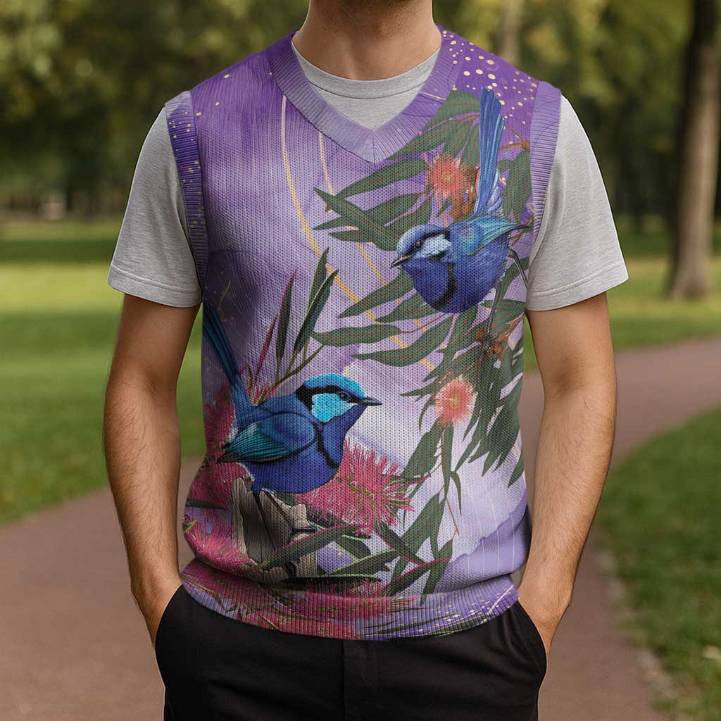 Australia Splendid Fairy Wren on Eucalyptus Christmas Knitted V-Neck Vest Epilepsy Awareness - Aussie Hoodie
