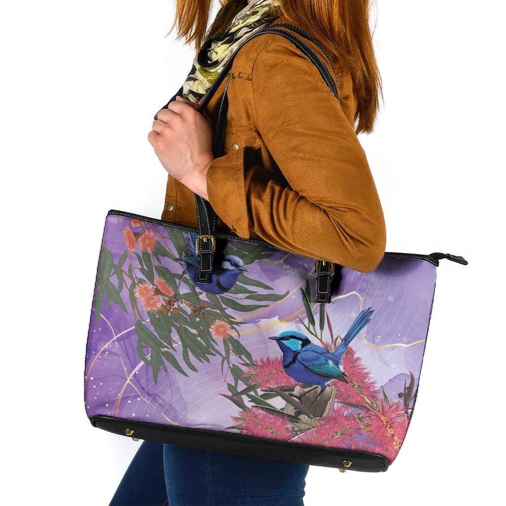Australia Splendid Fairy Wren on Eucalyptus Leather Tote Bag Epilepsy Awareness - Aussie Hoodie