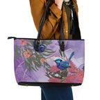 Australia Splendid Fairy Wren on Eucalyptus Leather Tote Bag Epilepsy Awareness - Aussie Hoodie
