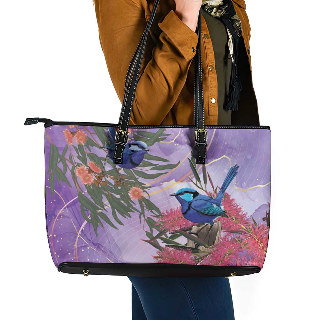 Australia Splendid Fairy Wren on Eucalyptus Leather Tote Bag Epilepsy Awareness - Aussie Hoodie