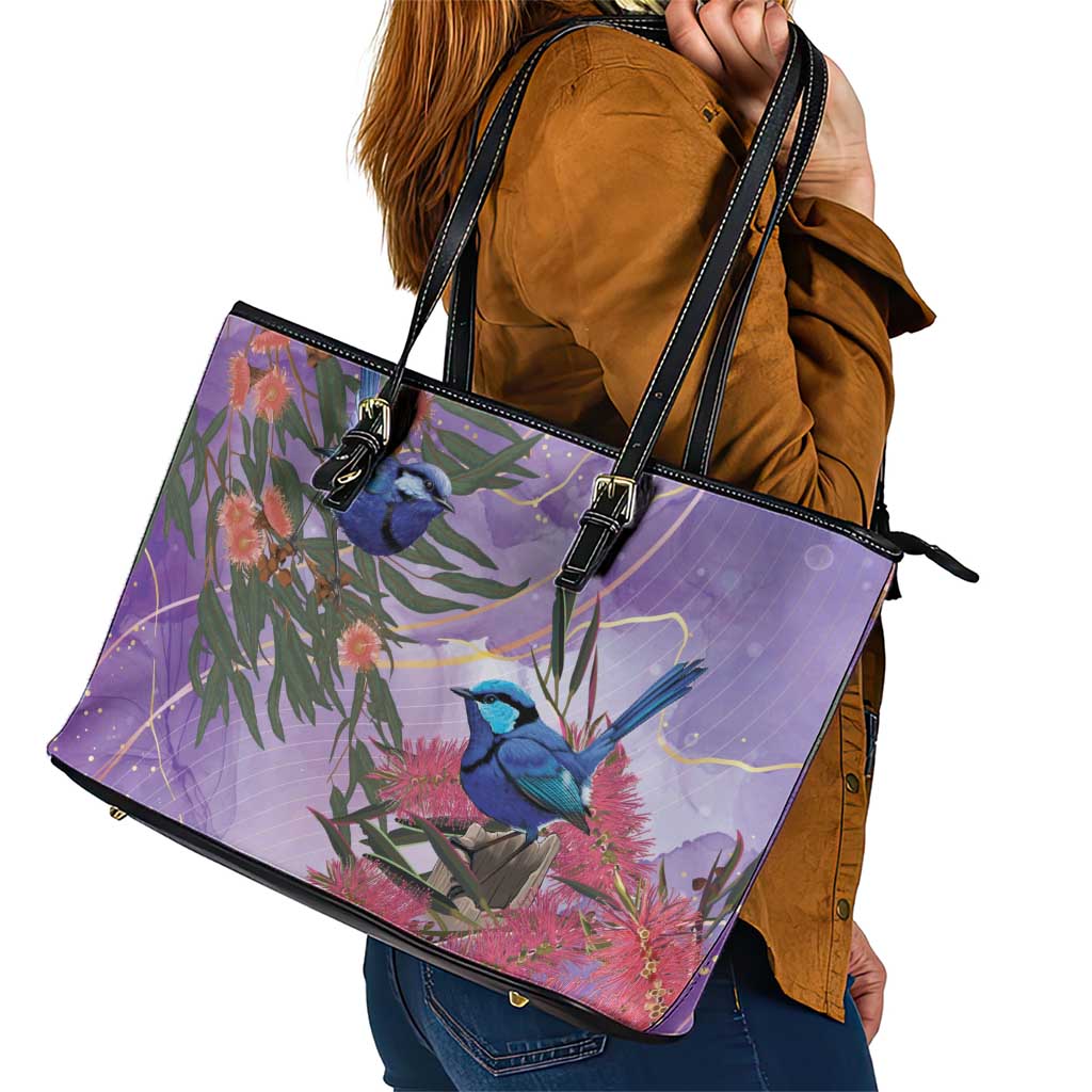 Australia Splendid Fairy Wren on Eucalyptus Leather Tote Bag Epilepsy Awareness - Aussie Hoodie