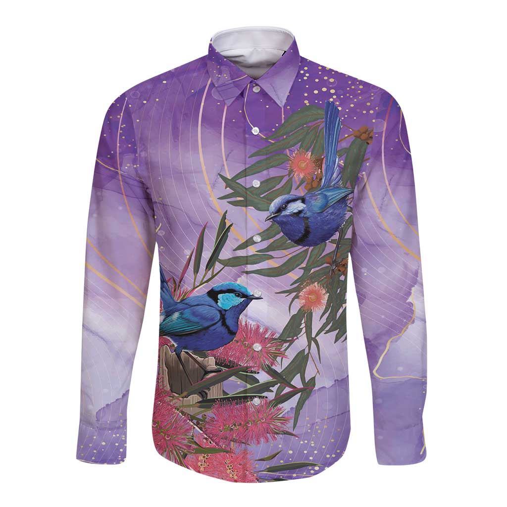 Australia Splendid Fairy Wren on Eucalyptus Long Sleeve Button Shirt Epilepsy Awareness - Aussie Hoodie