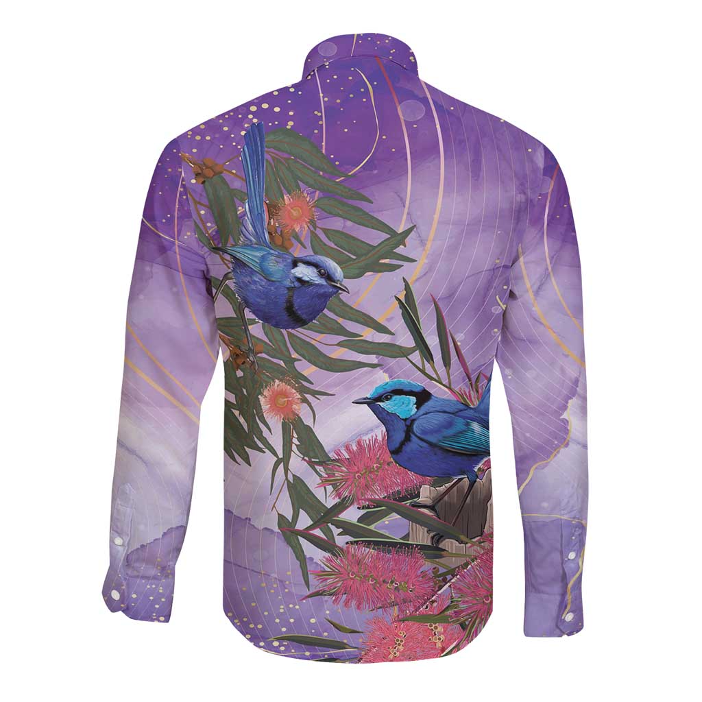 Australia Splendid Fairy Wren on Eucalyptus Long Sleeve Button Shirt Epilepsy Awareness - Aussie Hoodie