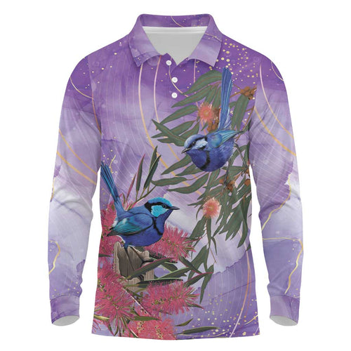 Australia Splendid Fairy Wren on Eucalyptus Long Sleeve Polo Shirt Epilepsy Awareness - Aussie Hoodie