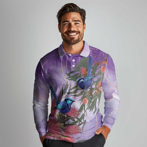 Australia Splendid Fairy Wren on Eucalyptus Long Sleeve Polo Shirt Epilepsy Awareness - Aussie Hoodie