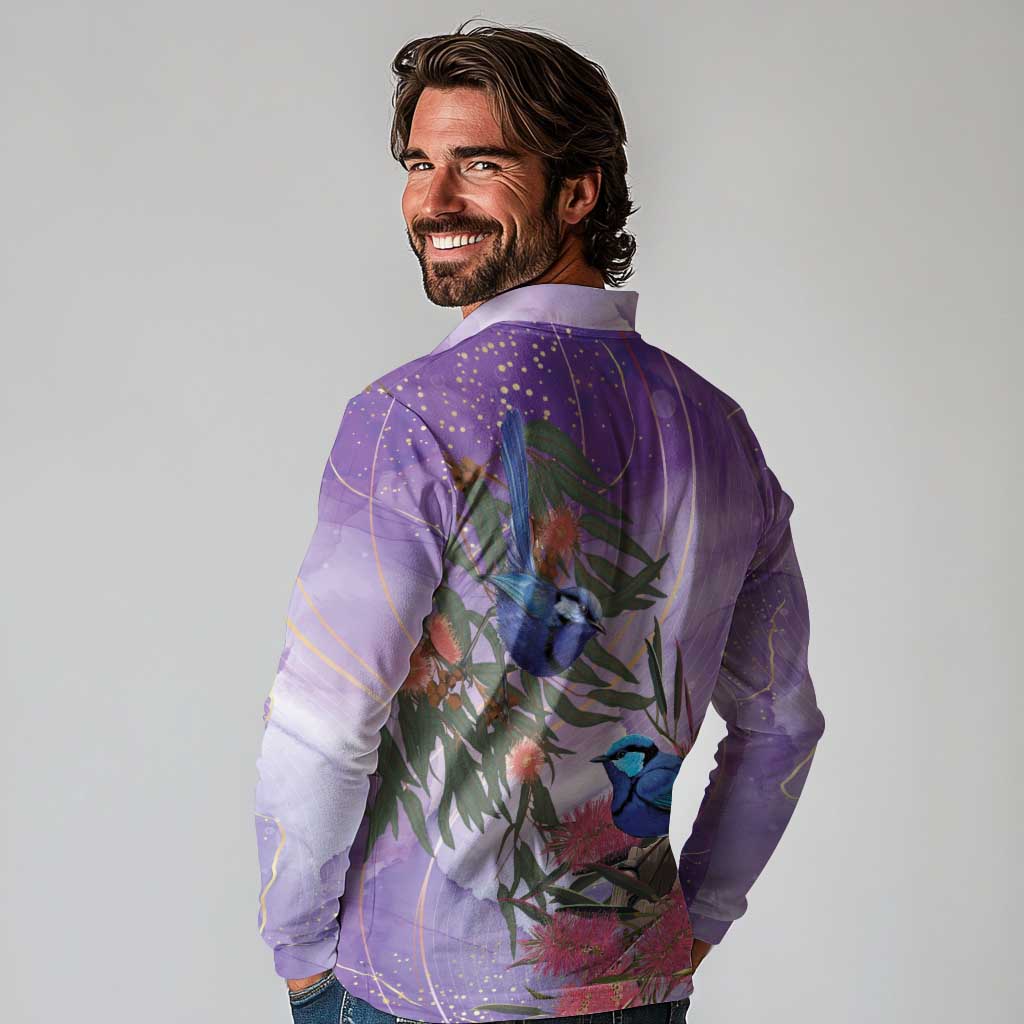 Australia Splendid Fairy Wren on Eucalyptus Long Sleeve Polo Shirt Epilepsy Awareness - Aussie Hoodie
