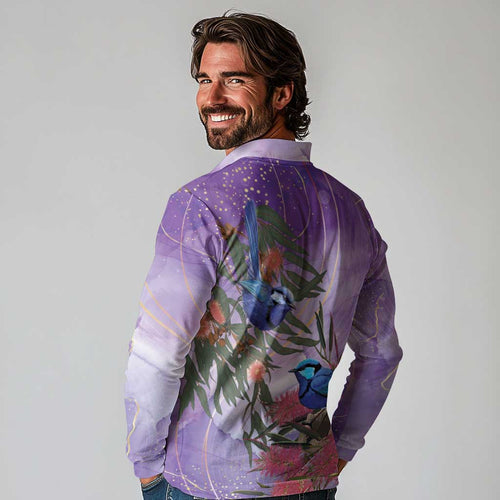Australia Splendid Fairy Wren on Eucalyptus Long Sleeve Polo Shirt Epilepsy Awareness - Aussie Hoodie