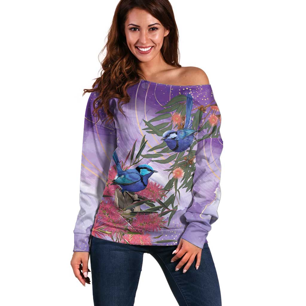 Australia Splendid Fairy Wren on Eucalyptus Off Shoulder Sweater Epilepsy Awareness - Aussie Hoodie