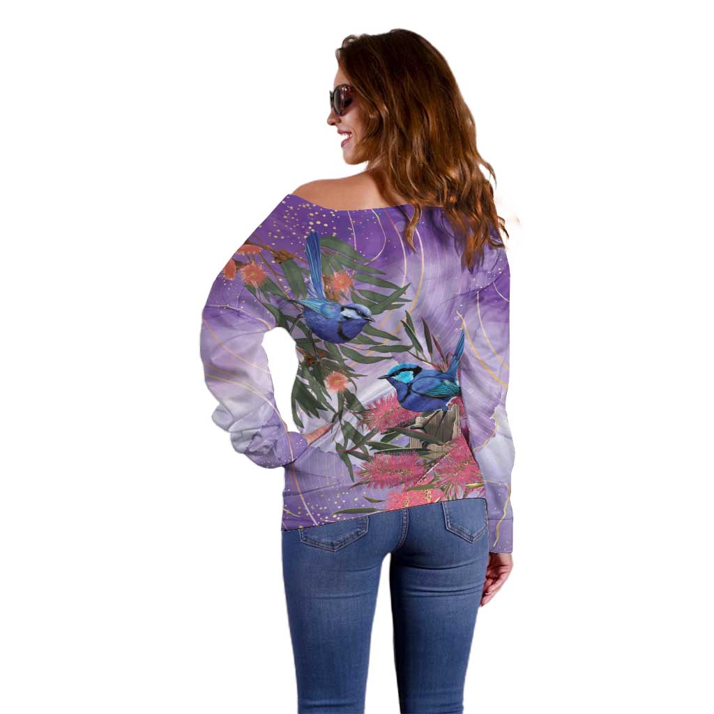 Australia Splendid Fairy Wren on Eucalyptus Off Shoulder Sweater Epilepsy Awareness - Aussie Hoodie