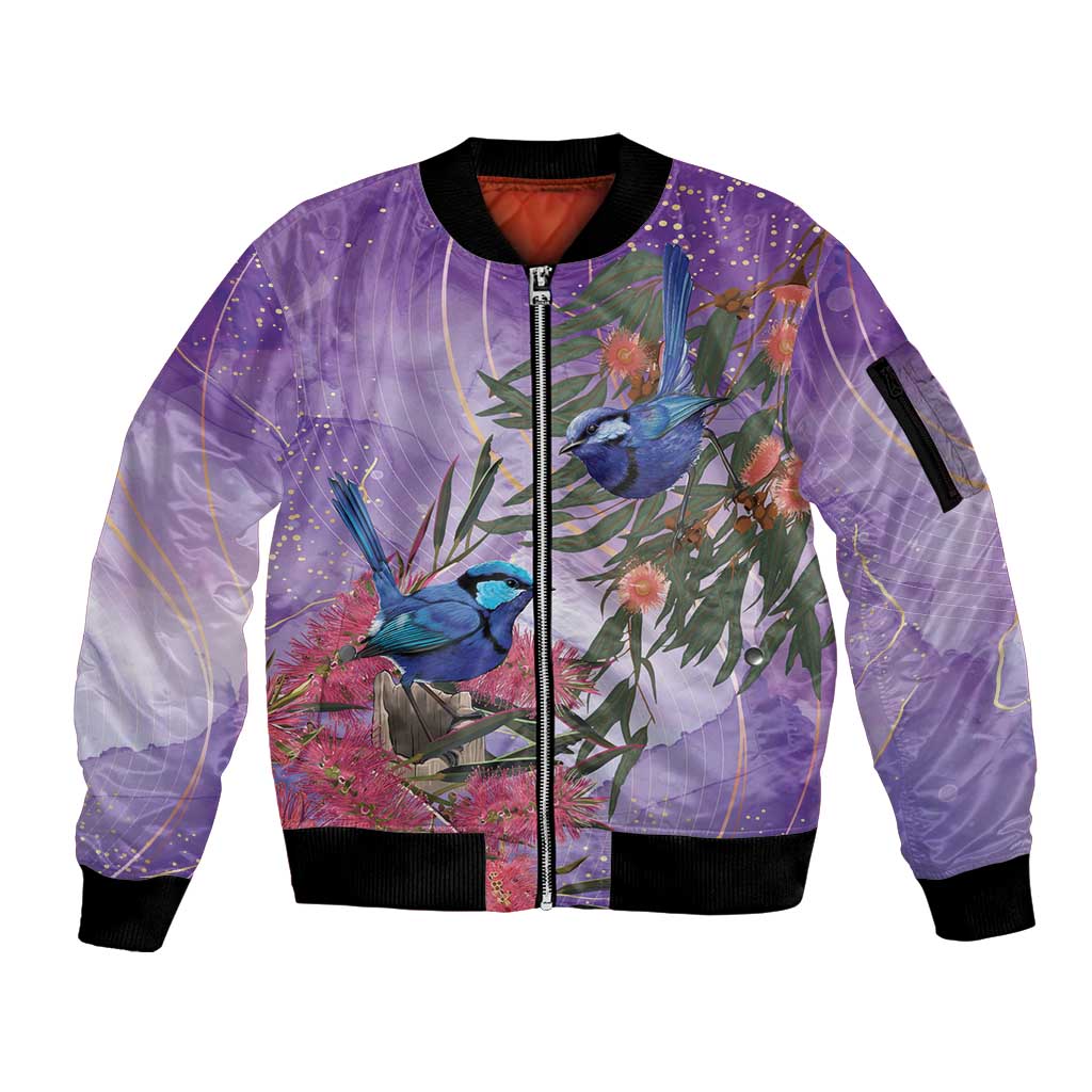 Australia Splendid Fairy Wren on Eucalyptus Sleeve Zip Bomber Jacket Epilepsy Awareness - Aussie Hoodie