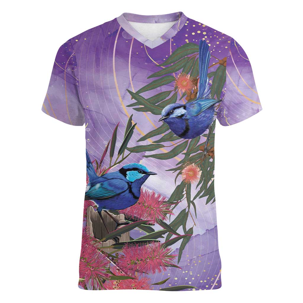 Australia Splendid Fairy Wren on Eucalyptus Women V-Neck T-Shirt Epilepsy Awareness - Aussie Hoodie