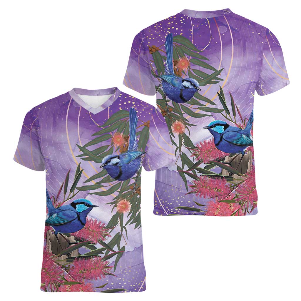 Australia Splendid Fairy Wren on Eucalyptus Women V-Neck T-Shirt Epilepsy Awareness - Aussie Hoodie