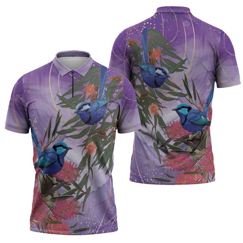 Australia Splendid Fairy Wren on Eucalyptus Zipper Polo Shirt Epilepsy Awareness - Aussie Hoodie
