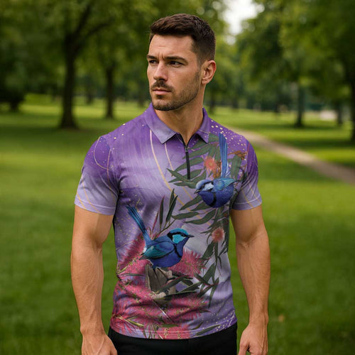 Australia Splendid Fairy Wren on Eucalyptus Zipper Polo Shirt Epilepsy Awareness - Aussie Hoodie